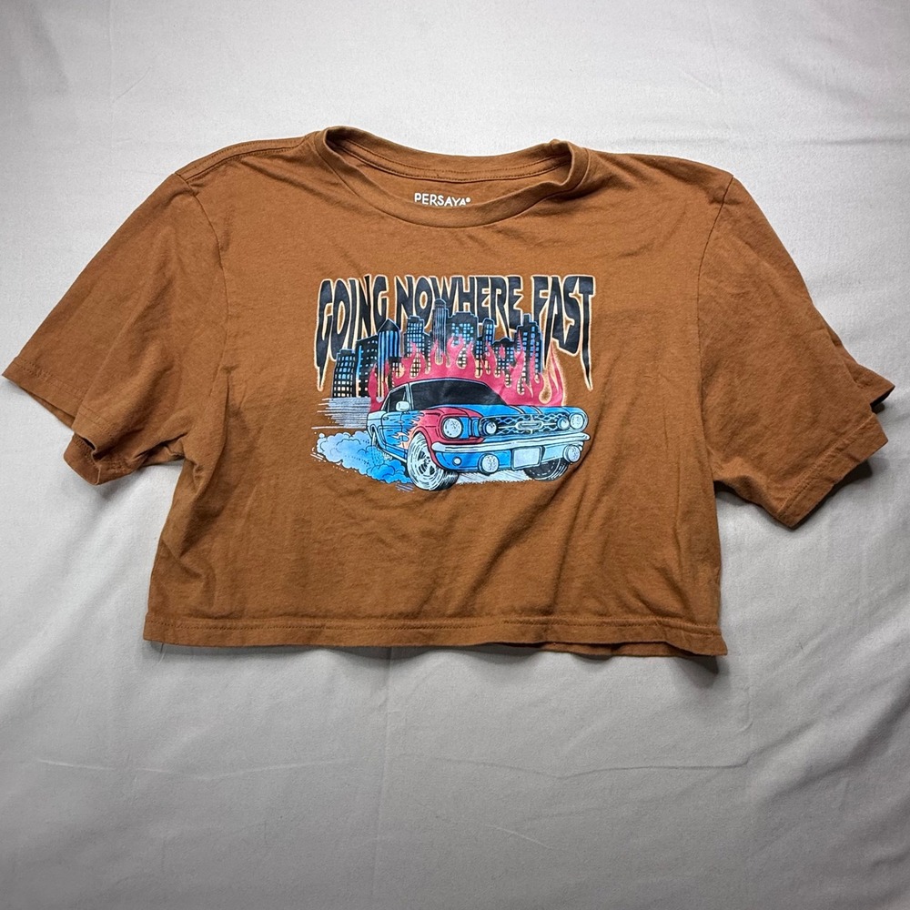 Persaya Going Nowhere Fast Graphic Crop Top Brown Muscle Car Tee Medium